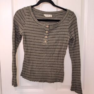 Striped Olive Long Sleeve Top with Button Accents